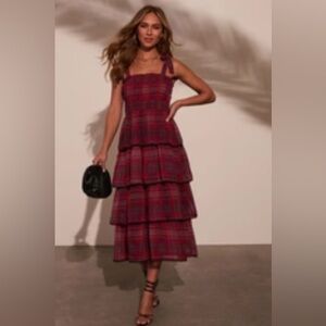 NWOT Vici Sway With Me Plaid Tiered Midi Dress